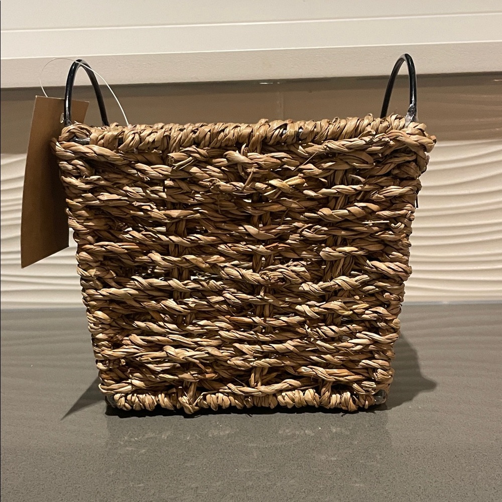 Rustic Woven Basket with Black Metal Handles